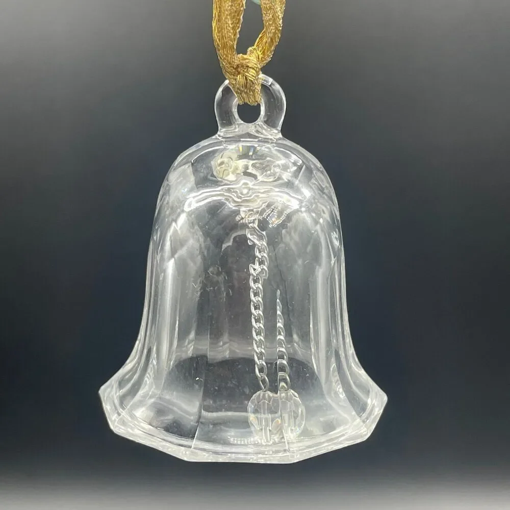 Vintage Clear Faceted Glass Crystal Christmas Bell Ornament Gold Hanging Ribbon